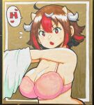  1girl :o bra breasts chestnut_mouth cleavage fang highres himajin_noizu horns kijin_seija large_breasts looking_at_viewer multicolored_hair open_mouth photo_(medium) pink_bra red_eyes red_hair shikishi streaked_hair touhou traditional_media underwear undressing v-shaped_eyebrows 