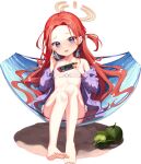  1girl bare_legs bare_shoulders barefoot bikini blue_archive blue_eyes braid feet halo hammock head_tilt headphones jacket long_hair looking_at_viewer mannack o-ring o-ring_bikini o-ring_top purple_jacket red_hair sitting solo swimsuit toes white_bikini yuzu_(blue_archive) 