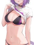  1girl black_bra black_choker black_panties bra breasts cat_tail choker cleavage commentary_request cowboy_shot exhibitionism groin highres hololive lifted_by_self medium_breasts navel nekomata_okayu panties public_indecency purple_hair shirt shuuzo3 solo stomach stomach_day tail underwear white_shirt 