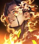  1boy akakokko_(niro_azarashi) birdmen black_hair burning fire grin looking_at_viewer realistic red_eyes short_hair smile teeth wang_guang_feng 