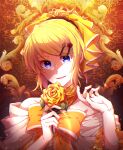  1girl aku_no_musume_(vocaloid) bangs blonde_hair bow brown_background collar dress evillious_nendaiki flower hair_bow hair_flower hair_ornament hairclip hand_up holding holding_flower kagamine_rin looking_at_viewer masaki_(star8moon) off-shoulder_dress off_shoulder orange_collar parted_lips patterned_background ponytail purple_eyes riliane_lucifen_d&#039;autriche rose short_ponytail smile solo swept_bangs upper_body vocaloid yellow_bow yellow_dress yellow_flower yellow_nails yellow_rose 