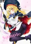  1girl arim0k0 artoria_caster_(fate) artoria_caster_(second_ascension)_(fate) artoria_pendragon_(fate) ass black_cape black_footwear black_gloves black_headwear blonde_hair blue_bow blue_bowtie bow bowtie cape closed_mouth fate/grand_order fate_(series) gloves highres holding holding_staff long_hair looking_at_viewer marmyadose_(fate) sample_watermark shirt simple_background smile staff traditional_media white_background white_shirt yellow_eyes 