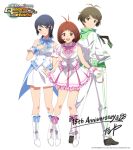  1boy 2girls akizuki_ryo anniversary blush brown_hair commentary_request copyright_name dress frilled_dress frills full_body grey_hair hair_ornament hand_on_own_chest hidaka_ai idol_clothes idolmaster idolmaster_dearly_stars looking_back mizutani_eri multiple_girls necktie official_art open_mouth signature tamiya_kiyotaka white_background 