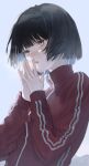  1girl bangs black_hair blunt_bangs bob_cut breath breathing_on_hands character_request cold copyright_request grey_eyes gym_uniform highres jacket medium_hair open_mouth own_hands_together red_jacket track_jacket yanagi_nagiko zipper 