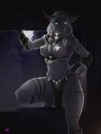  2022 anthro black_nose blizzard_entertainment blue_eyes bottomwear breasts canid clothed clothing exposed_breasts female fur glowing glowing_eyes hair hi_res loincloth mammal navel np4tch pasties signature skimpy solo video_games warcraft were werecanid white_body white_fur white_hair worgen 
