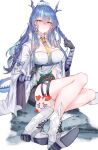  1girl absurdres arknights blue_hair boots braid breasts character_doll coat dragon_tail dusk_(arknights) highres horns large_breasts ling_(arknights) long_hair necktie nian_(arknights) pointy_ears purple_eyes short_shorts shorts sitting smile tail thigh_strap white_coat yuzusawa_oekaki 