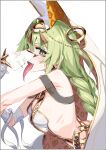  1girl absurdres animal_ears bandaged_arm bandaged_hand bandages bare_shoulders braid braided_ponytail breasts clothing_request commentary earrings egyptian_clothes fake_animal_ears green_eyes green_hair highres honkai_(series) jewelry kei_(soundcross) long_hair long_tongue looking_at_viewer medium_breasts mobius_(honkai_impact) mouth_veil open_mouth saliva saliva_drip see-through sidelocks simple_background slit_pupils solo symbol-only_commentary tongue tongue_out upper_body veil white_background 