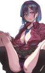  1girl between_breasts black_skirt black_socks blue_hair blue_necktie blush bow bow_(bhp) bow_panties breasts center_opening cleavage clothes_lift collared_shirt earrings hair_between_eyes hair_ornament hairclip hand_on_own_thigh jewelry kneehighs large_breasts long_sleeves looking_at_viewer loose_necktie necktie necktie_between_breasts object_in_panties open_mouth original panties partially_unbuttoned pleated_skirt purple_panties red_eyes red_shirt shirt short_hair simple_background sitting skirt skirt_lift socks solo spread_legs squatting thighs underwear white_background 