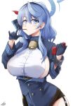  1girl ako_(blue_archive) bangs bell black_skirt blue_archive blue_eyes blue_hair blue_jacket blush breasts cellphone collar food garter_straps gloves hair_between_eyes hairband half_gloves halo highres ibara_azuki jacket large_breasts long_hair long_sleeves looking_at_viewer mouth_hold neck_bell phone pocky sideboob skirt solo thighs 