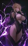  1girl absurdres ame_816 artoria_pendragon_(fate) artoria_pendragon_(lancer_alter)_(fate) bangs blonde_hair blush braid breasts commission covered_navel fate/grand_order fate_(series) from_below highres large_breasts lightning looking_at_viewer looking_down medium_hair parted_lips sidelocks solo thighs underboob yellow_eyes 