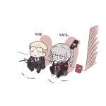  1boy 1girl bangs black_jacket black_pants black_pantyhose black_shirt blonde_hair blush_stickers braid chibi cigarette closed_eyes danganronpa_(series) danganronpa_2:_goodbye_despair food freckles gamhwa glasses grey_hair grey_sailor_collar grey_skirt jacket kuzuryuu_fuyuhiko neckerchief open_mouth pants pantyhose pekoyama_peko pocky red_neckerchief sailor_collar school_uniform shirt short_hair sitting skirt striped striped_jacket striped_pants translation_request twin_braids twintails 