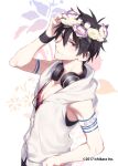  1boy black_hair black_pants closed_mouth copyright_name flower hair_between_eyes head_wreath headphones headphones_around_neck hood hoodie male_focus nijisanji official_art pants purple_flower red_eyes sleeveless sleeveless_hoodie smile solo tank_top virtual_youtuber white_background white_flower white_hoodie xia_(ryugo) yumeoi_kakeru yumeoi_kakeru_(1st_costume) 