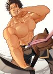  1boy abs bara black_clover black_hair black_pants blood blood_on_face facial_hair hidora_art highres holding holding_weapon injury large_pectorals male_focus muscular muscular_male navel nipples pants pectorals short_hair solo sweat sweatdrop topless_male weapon yami_sukehiro 