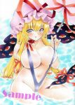  arim0k0 blonde_hair bow breasts cleavage clothes_pull full_body gap_(touhou) groin hair_bow hat hat_ribbon highres huge_breasts long_hair looking_at_viewer mob_cap multiple_bows navel one-piece_swimsuit_pull parted_lips pulled_by_self purple_eyes red_ribbon ribbon sample_watermark sitting slingshot slingshot_swimsuit smile swimsuit touhou traditional_media umbrella wading white_headwear white_umbrella yakumo_yukari 