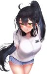  1girl :d absurdres ahoge arms_behind_back bangs black_hair blue_shorts blush breasts cowboy_shot green_eyes grin headphones headphones_around_neck highres large_breasts leaning_forward long_hair looking_at_viewer original parted_bangs ponytail shirt shorts simple_background smile very_long_hair white_background white_shirt yu_lei 