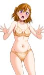  1girl alternate_hairstyle bare_arms bare_legs bra breasts collarbone floral_print hair_between_eyes hands_up highres light_blush looking_at_viewer love_live! love_live!_superstar!! medium_breasts medium_hair navel orange_bra orange_hair orange_panties panties purple_eyes shibuya_kanon simple_background surprised thighs two_side_up underwear white_background yopparai_oni 