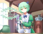  1girl blurry blurry_background bow bowtie coffee_grinder copyright_name cup green_hair highres horns indoors jar mug pixiv_fantasia pixiv_fantasia_scepter_of_zeraldia pointy_ears pouring ranigrany short_hair sylvia_docksford waitress yellow_eyes 