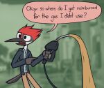  anthro avian bird blurred_background clothing collared_shirt dialogue dialogue_box english_text feathers gas_pump gasoline grey_body grey_feathers half-closed_eyes happyroadkill hoodie humor khaki_pants male narrowed_eyes open_mouth picid red_body red_feathers simple_background solo text topwear trash_birds white_body white_feathers wilson_woodpecker woodpecker 