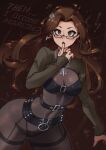  ! !! 1girl absurdres belt belt_buckle black_lips bra_over_clothes breasts brown_background brown_eyes brown_hair buckle cleavage cleavage_cutout clothing_cutout cross cross_necklace earrings english_text eyelashes finger_to_mouth fushimi_chihiro glasses goth_fashion hatidraw highres jewelry lace lace_bodysuit lace_pantyhose long_hair long_sleeves meme_attire necklace open-chest_sweater panties_visible_through_clothes pantyhose persona persona_3 silver_earrings silver_necklace skull_print small_breasts solo striped_clothes striped_sweater sweater thong turtleneck turtleneck_sweater underwear vertical-striped_sweater 