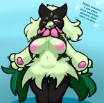  2022 3_fingers absurd_res anthro areola arms_out big_breasts blue_background blush breasts claws dialogue digital_media_(artwork) english_text eyelashes felid feline female fingers front_view fur generation_9_pokemon genitals green_body green_fur hearts_around_text hi_res leaked_pokemon looking_at_viewer mammal meowscarada milkteafox navel nintendo nipples one_eye_closed one_eye_half-closed open_mouth open_smile pawpads pink_areola pink_eyes pink_nipples pink_nose pink_pawpads pokemon pokemon_(species) pussy simple_background smile solo standing talking_to_viewer teeth text thigh_gap tongue tuft video_games wide_hips wink 