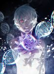  1boy akakokko_(niro_azarashi) birdmen crazy_smile dna grey_hair hair_over_one_eye looking_at_viewer open_mouth outstretched_hand red_eyes short_hair topless_male 