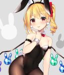  1girl animal_ears black_leotard blonde_hair breasts cleavage crystal detached_collar earrings flandre_scarlet highres jewelry leotard looking_at_viewer pantyhose playboy_bunny rabbit_ears red_eyes ruhika short_sleeves simple_background small_breasts solo tongue tongue_out touhou white_background wings wrist_cuffs 
