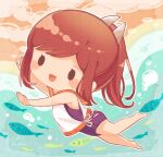  1girl bangs barefoot blue_one-piece_swimsuit blush brown_hair bubble chibi fish highres i-401_(kancolle) kantai_collection long_hair nada_namie one-piece_swimsuit open_mouth orange_sailor_collar ponytail sailor_collar sand sidelocks signature sleeveless solo swimming swimsuit swimsuit_under_clothes water 