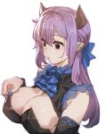  1girl black_horns blue_nails blue_ribbon bow_(bhp) breasts cleavage hair_ribbon horns large_breasts long_hair looking_down nail_polish original purple_hair red_eyes ribbon simple_background solo upper_body white_background 