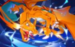  blue_eyes breath_weapon breathing_fire charizard claws commentary fangs fire flying matwvv no_humans open_mouth pokemon pokemon_(creature) solo 