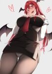  1girl :d absurdres arms_up bat_wings blush breasts from_below grey_background hand_on_own_chest hand_up head_wings heart heart-shaped_pupils highres koakuma large_breasts long_hair long_sleeves looking_at_viewer nagomian necktie open_mouth panties pantyhose perspective red_eyes red_hair simple_background skirt smile solo symbol-shaped_pupils touhou underwear upskirt wings 