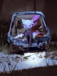  arm_support claws closed_mouth commentary_request highres looking_at_viewer matwvv night outdoors pink_eyes pokemon pokemon_(creature) sitting smile sneasel solo 