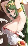  1girl armlet armpits arms_up blush bound bound_wrists breasts brown_background circlet cleavage closed_eyes clothes_pull disembodied_limb dress dress_pull from_side gloves gold green_hair highres kid_icarus large_breasts long_hair master_hand palutena pulled_by_another ribbon ribbon_bondage sideboob solo_focus straight_hair super_smash_bros. sweat tomas_(kaosu22) very_long_hair white_dress white_gloves yellow_ribbon 