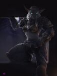  2022 anthro belt black_nose blizzard_entertainment blue_eyes bottomwear bra breasts canid cleavage clothed clothing female fur gloves glowing glowing_eyes hair handwear hi_res mammal np4tch pants shoulder_pads signature solo underwear video_games warcraft were werecanid white_body white_fur white_hair worgen 