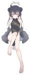  1girl absurdres armpit_crease barefoot black_dress black_hair blue_archive blush braid braided_bun butterfly_hair_ornament china_dress chinese_clothes closed_mouth collarbone commentary_request double_bun dragon_print dress frown full_body grey_eyes grey_halo groin hair_bun hair_ornament halo highres kisaki_(blue_archive) knee_up korean_commentary long_hair looking_at_viewer pelvic_curtain print_dress s10021 side_slit simple_background sitting sleeveless sleeveless_dress small_sweatdrop solo toes white_background 