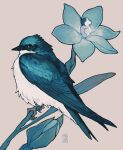  animal animal_focus artist_name beak bird blue_bird blue_eyes blue_feathers blue_flower feathers flower from_side full_body grey_background highres leaf no_humans original profile shuini_xiaomao signature simple_background solo swallow_(bird) talons white_feathers 