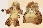  2021 absurd_res anthro balls belly biceps blue_eyes boardwalkfogg brown_body brown_fur charr digital_media_(artwork) erection felid foreskin fur genitals glans guild_wars hi_res horn humanoid_genitalia humanoid_penis looking_at_viewer male mammal mane muscleguy muscular muscular_anthro muscular_male muscular_thighs navel pecs penis quads retracted_foreskin slightly_chubby smile solo striped_body striped_fur stripes teeth thick_thighs video_games 