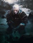  1boy geralt_of_rivia gloves highres lips long_hair michaelcty scar solo sword the_witcher_(series) the_witcher_3 weapon white_hair 