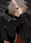  1boy arare_(op_ed_000) bangs black_jacket black_pants brown_eyes chain danganronpa_(series) danganronpa_another_episode:_ultra_despair_girls from_side grey_background grey_hair hair_between_eyes highres jacket komaeda_nagito long_sleeves male_focus pants parted_lips servant_(danganronpa) shiny shiny_hair shirt short_hair solo striped striped_shirt teeth 