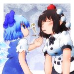  2girls bangs bare_arms black_hair blouse blue_bow blue_dress blue_eyes blue_hair blush bow chop cirno closed_eyes commentary_request dress empty_eyes facing_another food food_in_mouth hair_bow hat height_difference ice ice_wings leaning_forward looking_at_another matty_(zuwzi) medium_hair motion_blur multiple_girls pocky pointy_ears rejection shaded_face shameimaru_aya shirt short_sleeves tokin_hat touhou wings yuri 