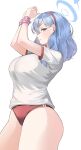  1girl absurdres ako_(blue_archive) arms_up blue_archive blue_eyes blue_hair blush bound bound_wrists breasts buruma coke0502 ear_piercing from_side gym_uniform halo highres large_breasts looking_at_viewer medium_hair parted_lips piercing red_buruma shirt short_sleeves sideways_glance simple_background thighs white_background white_shirt 