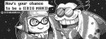  1boy 1girl :3 arm_around_neck artist_name bangs big_man_(splatoon) black_background blunt_bangs blush closed_mouth commentary crossover deltarune english_commentary english_text fusion glasses greyscale happy hime_cut inkling inkling_girl jotheweirdo light_blush long_hair looking_at_another manta_ray monochrome open_mouth outline pixel_art rimless_eyewear round_eyewear short_hair sidelocks smile spamton_g._spamton speech_bubble splatoon_(series) splatoon_3 star_(sky) talking teeth tentacles twitter_username upper_body watermark white_outline 