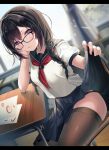  1girl backlighting black_hair black_panties braid chair classroom clothes_lift desk fou_(ssqseeker) glasses highres indoors long_hair looking_at_viewer original panties parted_lips pleated_skirt purple_hair sailor_collar school_uniform sitting skindentation skirt skirt_lift solo thighhighs underwear 