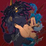 abdominal_bulge absurd_res anthro balls blue_hair bodily_fluids bound brand_new_animal breasts canid canine duo female genitals hair hands_tied hi_res humanoid lifting_partner male male_penetrating mammal michiru_kagemori nipples nude oral oral_penetration penetration raccoon_dog sex simple_background sovietcatparty studio_trigger tanuki tentacle_in_mouth tentacle_penetration tentacle_sex tentacles