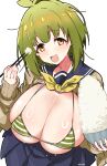  1girl :d absurdres aiuti alternate_breast_size bashame_meme bikini blue_sailor_collar blue_skirt blush bowl breasts breasts_out brown_cardigan cardigan chopsticks cleavage commentary cup gigantic_breasts green_bikini green_hair highres holding holding_chopsticks holding_cup long_sleeves looking_at_viewer micro_bikini neckerchief open_mouth orange_eyes pleated_skirt rice rice_bowl sailor_collar school_uniform shikanoko_nokonoko_koshitantan short_hair sidelocks simple_background skirt smile solo striped_bikini striped_clothes sweat swimsuit twitter_username white_background yellow_neckerchief 