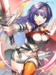  1girl :d armband belt belt_buckle blue_eyes blue_hair blurry blurry_background buckle cape detached_sleeves fingerless_gloves fire_emblem fire_emblem:_path_of_radiance fire_emblem_heroes foreshortening gloves grey_gloves headband highres holding holding_sheath holding_sword holding_weapon liszodow long_hair looking_at_viewer mia_(fire_emblem) midriff navel official_alternate_costume open_mouth red_cape ribbon sheath short_shorts shorts smile solo sparkle sword thighhighs thighs unsheathed watermark weapon wristband 