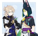  2boys albedo_(genshin_impact) animal_ear_fluff animal_ears aqua_eyes bangs black_gloves black_hair blue_shirt closed_mouth coat flower fox_boy fox_ears fox_tail genshin_impact gloves green_hair grey_hair hair_between_eyes highres holding holding_flower hood hood_down hooded_coat male_focus medal multicolored_hair multiple_boys n_oel parted_lips shirt simple_background streaked_hair tail tassel tighnari_(genshin_impact) twitter_username vision_(genshin_impact) yellow_flower 