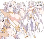  1girl arm_guards bangs bare_shoulders blue_eyes blush boots breast_grab breasts britomart_(fate) capelet center_opening cleavage closed_eyes double_bun dress elbow_gloves fate/grand_order fate_(series) full_body gloves gold_trim grabbing grey_hair hair_bun hairband knee_boots large_breasts long_hair multiple_views open_mouth pants pointy_ears shiseki_hirame smile tight tight_pants twintails very_long_hair white_capelet white_dress white_footwear white_gloves white_pants 