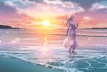  1girl akakokko_(niro_azarashi) beach birdmen blonde_hair cloud cloudy_sky dress flower holding holding_flower long_hair looking_at_viewer ocean rose rose_(birdmen) sky smile sunset walking water white_dress white_flower white_rose 