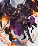  1boy akakokko_(niro_azarashi) armor birdmen black_gloves black_hair black_wings character_name english_text feathered_wings fire gloves holding holding_staff japanese_armor karasuma_eishi looking_at_viewer mask mouth_mask shakujou short_hair staff wings 