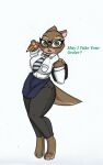  anthro apron big_breasts blush breasts clothing disney english_text eyewear female glasses green_eyes hi_res lutrine mammal mustelid neckwear pace-maker sam_(zootopia+) solo text thick_thighs zootopia zootopia+ 